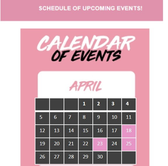 Schedule of Chica Beauty's upcoming Fiesta Events-April 2026!