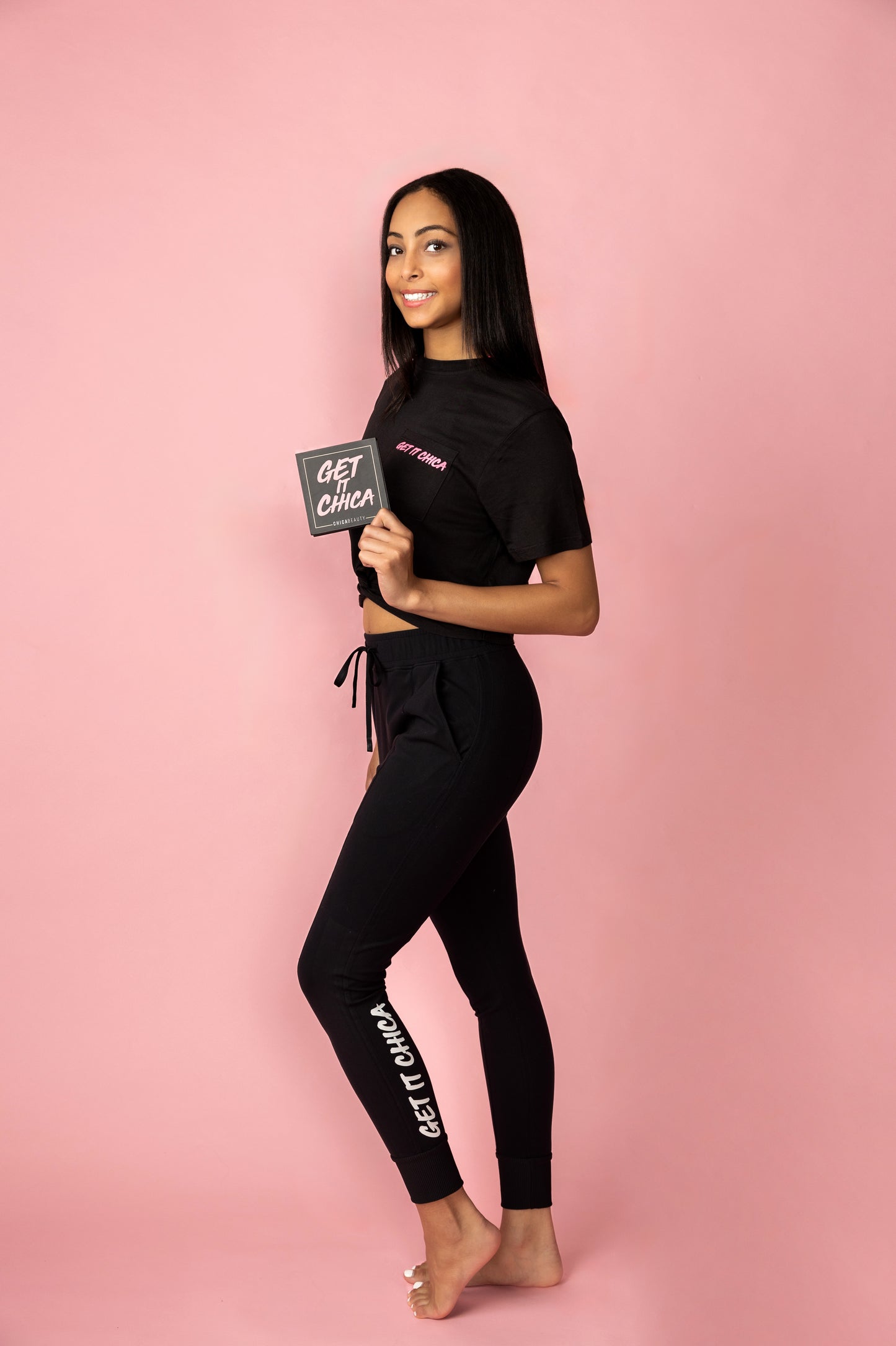 get it chica black joggers with drawstring and makeup palette 
