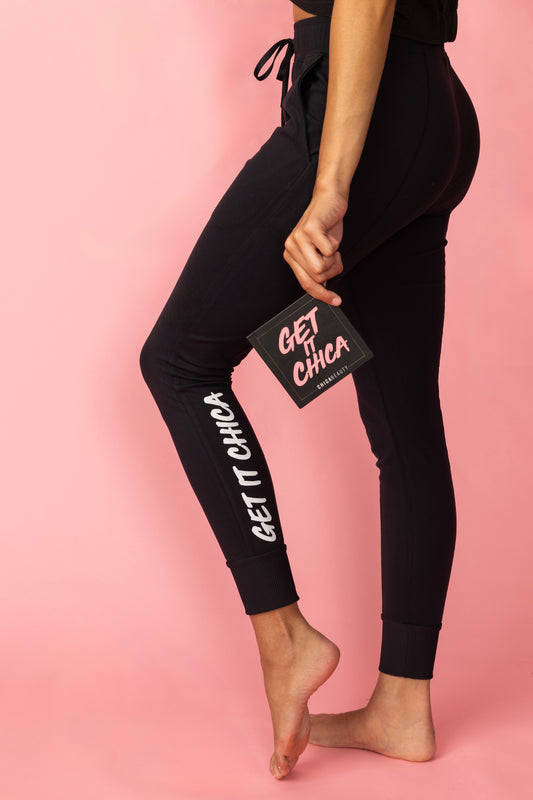 get it chica joggers black with white chica beauty